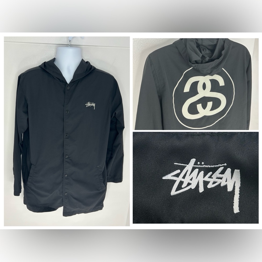 Stussy Coach Jacket SS Link Medium Snap Button Up Hooded Windbreaker 90's VTG
